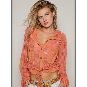 #256 🧡 Coral Open Knit Button-Up Hoodie Jacket